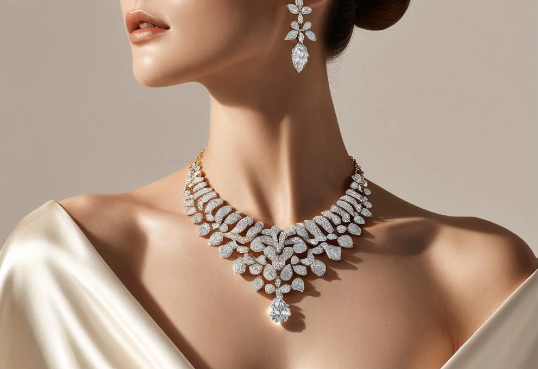 Model wearing a diamond bib necklace and drop earrings