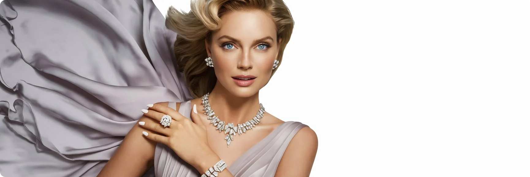 Model in a lilac gown wearing a diamond necklace, ring and bracelet