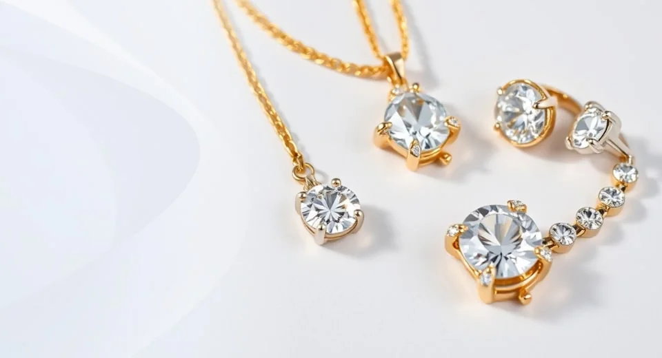 Gold necklaces and rings set with round crystals