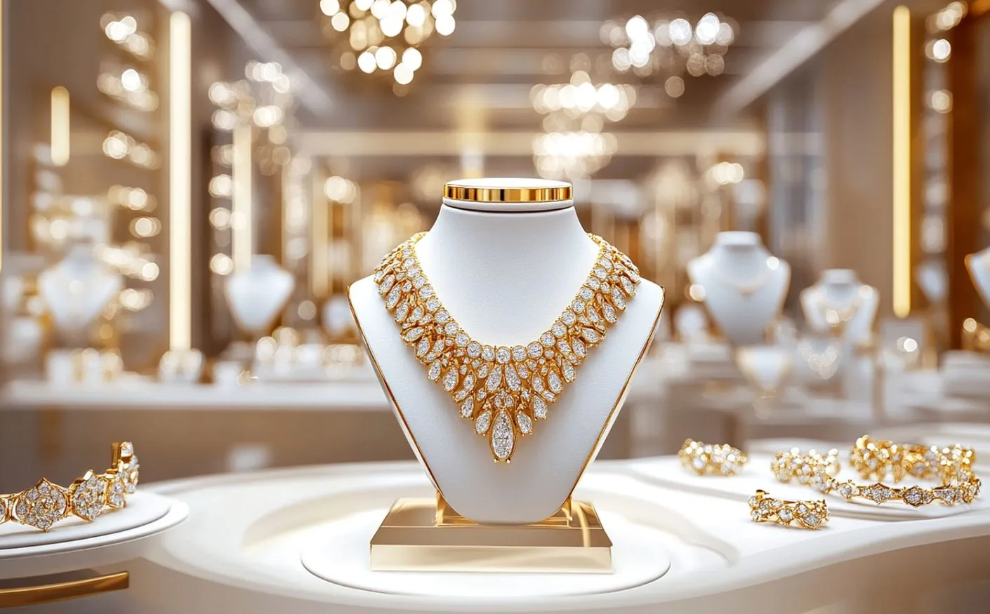 Gold necklace displayed in a jewellery showroom
