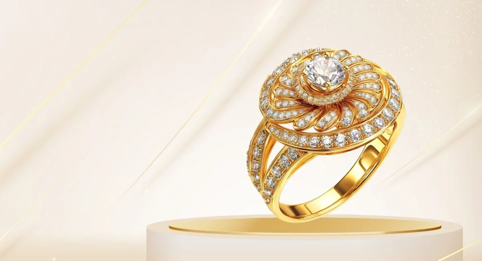 Gold engagement ring with a spiral of diamonds