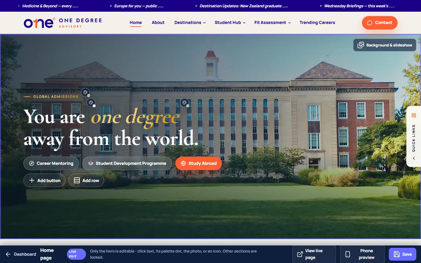 CMS live homepage editor