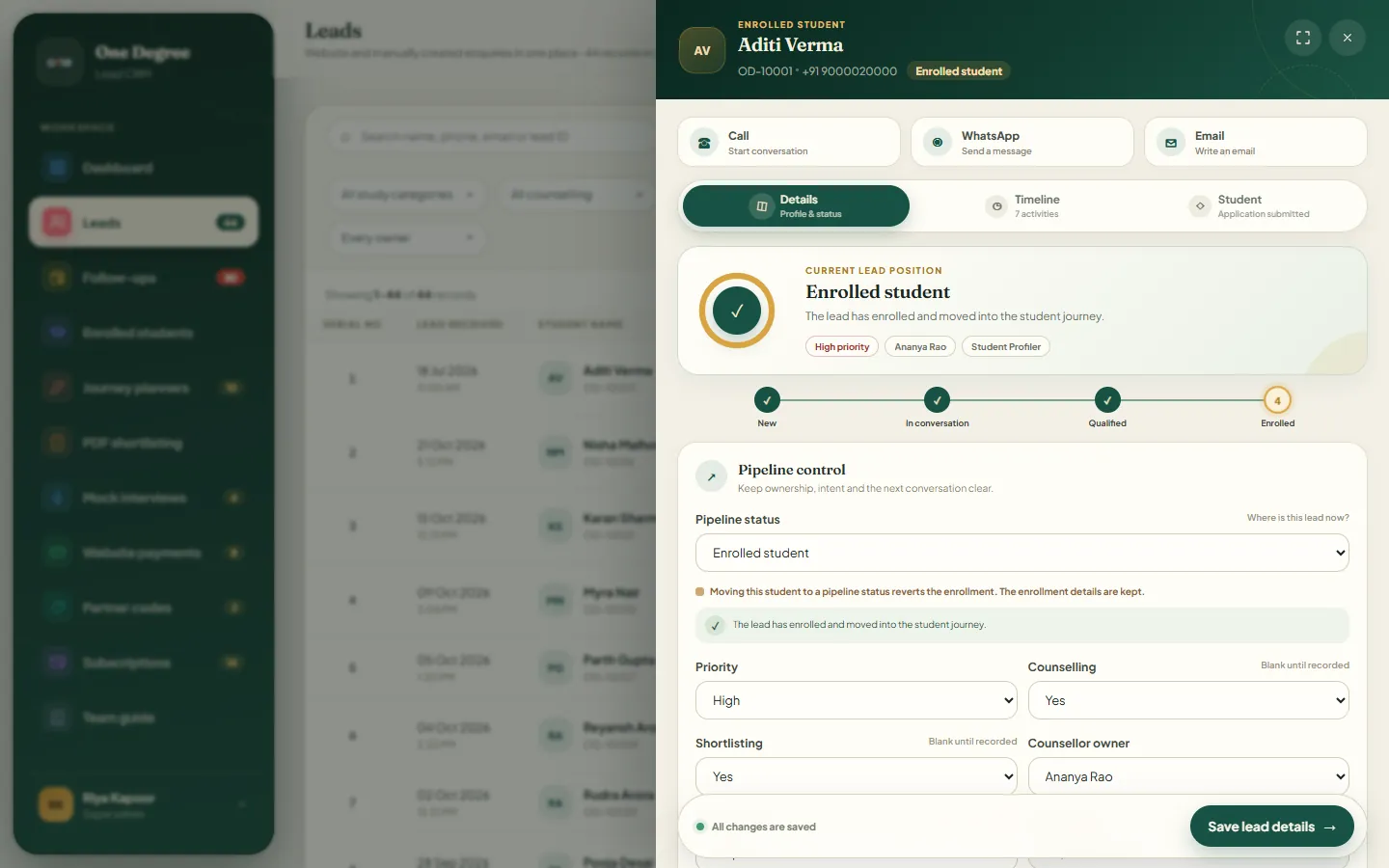 CRM lead profile and pipeline control